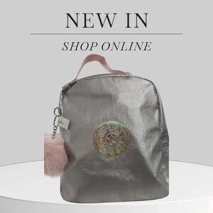 Kipling Silver Insulated Lunch Bag with Pink Accents